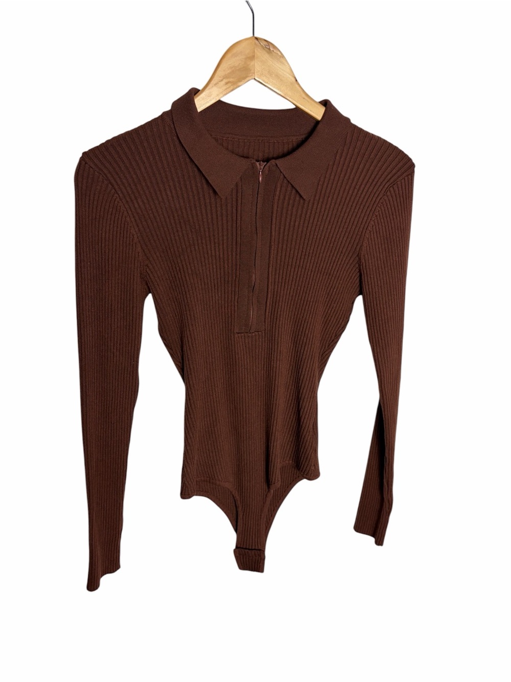 Cider brown ribbed long sleeve quarter zip collared bodysuit blouse size M